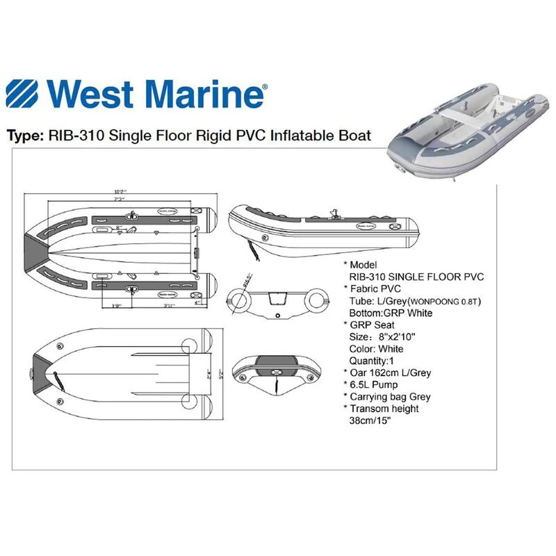WEST MARINE Inflatable Boats RIB-310 Single Floor Rigid PVC Inflatable Boat 3 WEST MARINE Inflatable Boats RIB-310 Single Floor Rigid PVC Inflatable Boat - Image 3