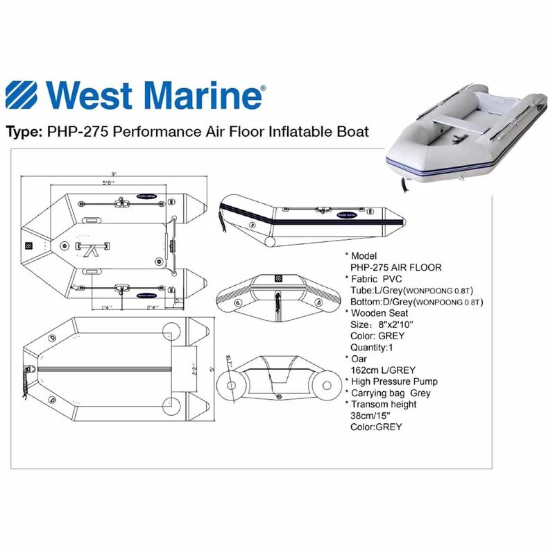 WEST MARINE Inflatable Boats PHP-275 Performance Air Floor Inflatable Boat 3 WEST MARINE Inflatable Boats PHP-275 Performance Air Floor Inflatable Boat - Image 3